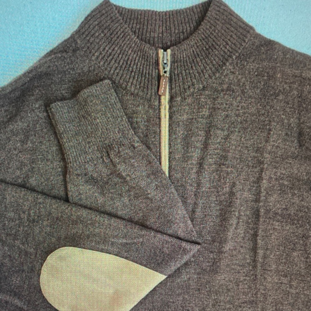 Peter Millar Brown Zip-Up Sweater with Cream Elbow Patches